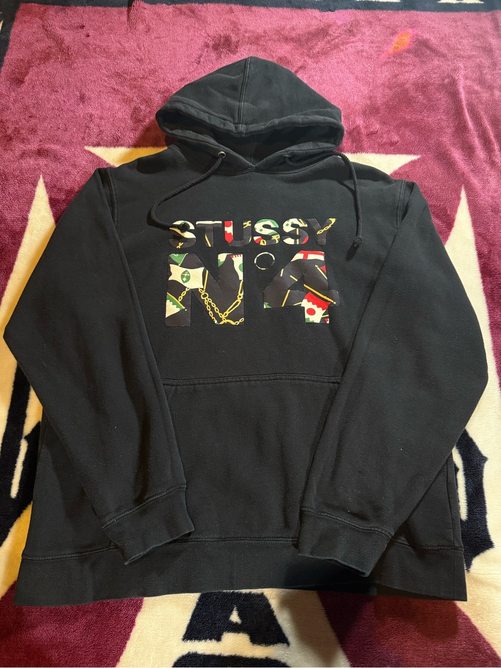 Stussy Black Hoodie with Multicolor Logo Patchwork